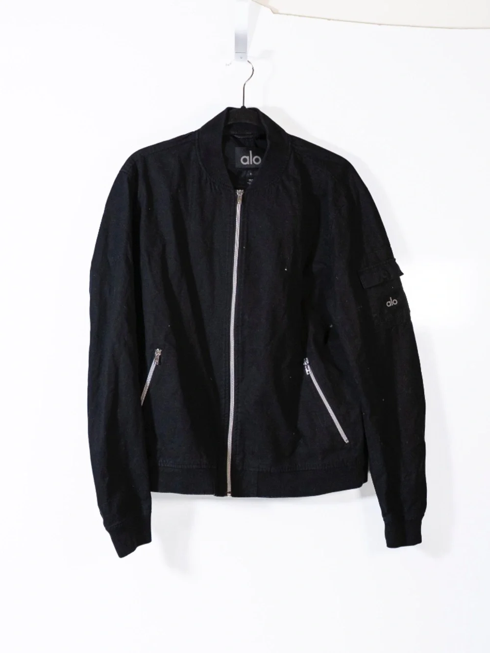 Alo Yoga Women's Division Ripstop Bomber Full Zip Collarless Jacket Black Small